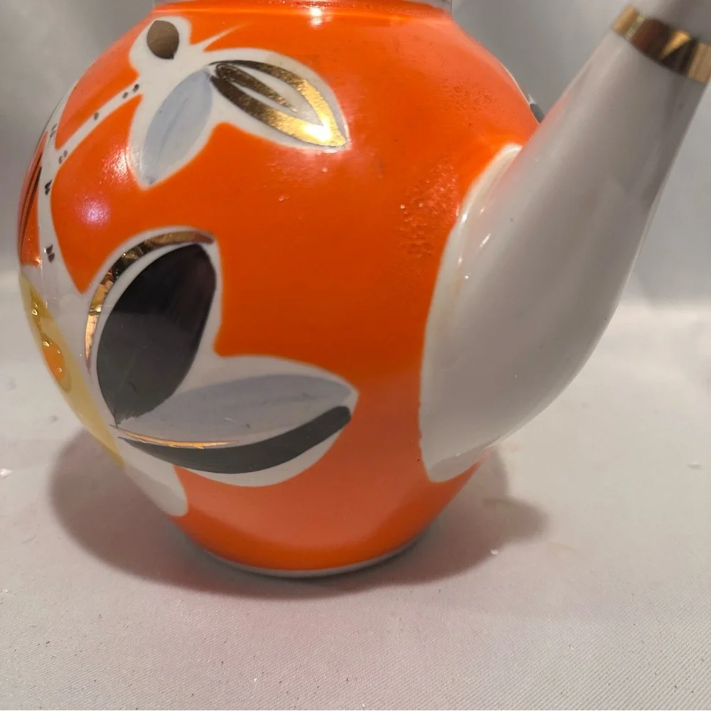 Vintage 60s Pop Atomic Orange and Yellow Porcelain Teapot Gold Trim